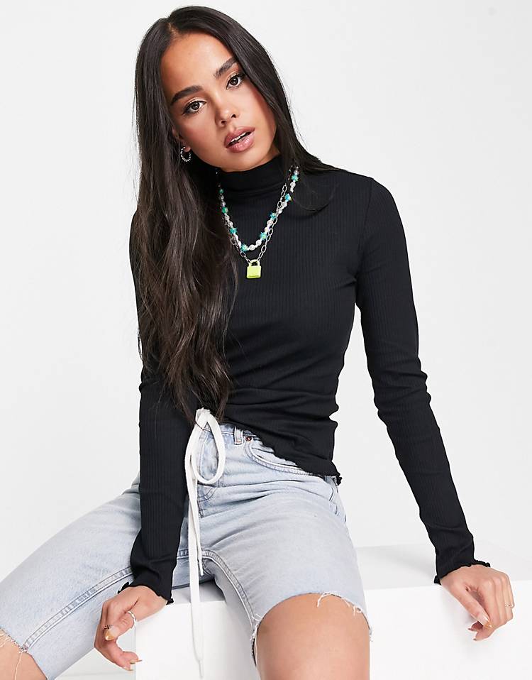 Noisy May high neck lettuce hem top in black